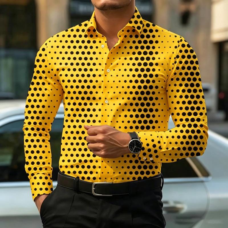 Men's Polka Dot Print Long Sleeve Shirt Fashion Slim Fit Button Down Casual Blouse Tops
