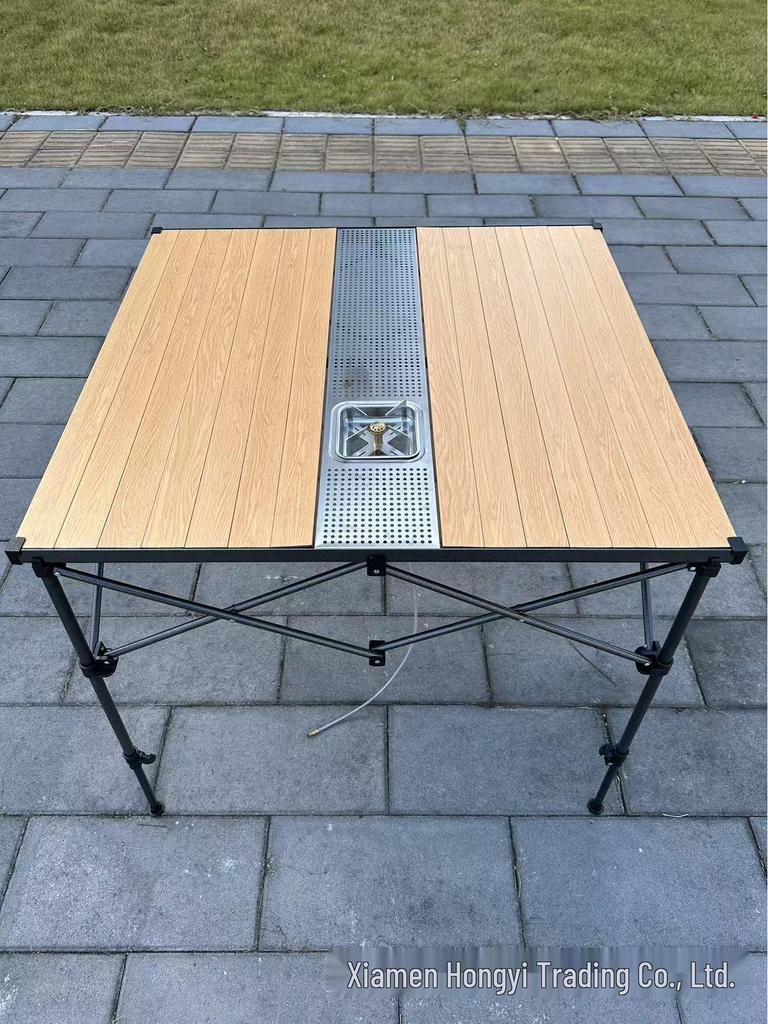 Hongyi Bamboo Pattern Aluminum Folding Table – Outdoor, Adjustable Height for Tea, BBQ, Card Games, Mahjong, Dining.