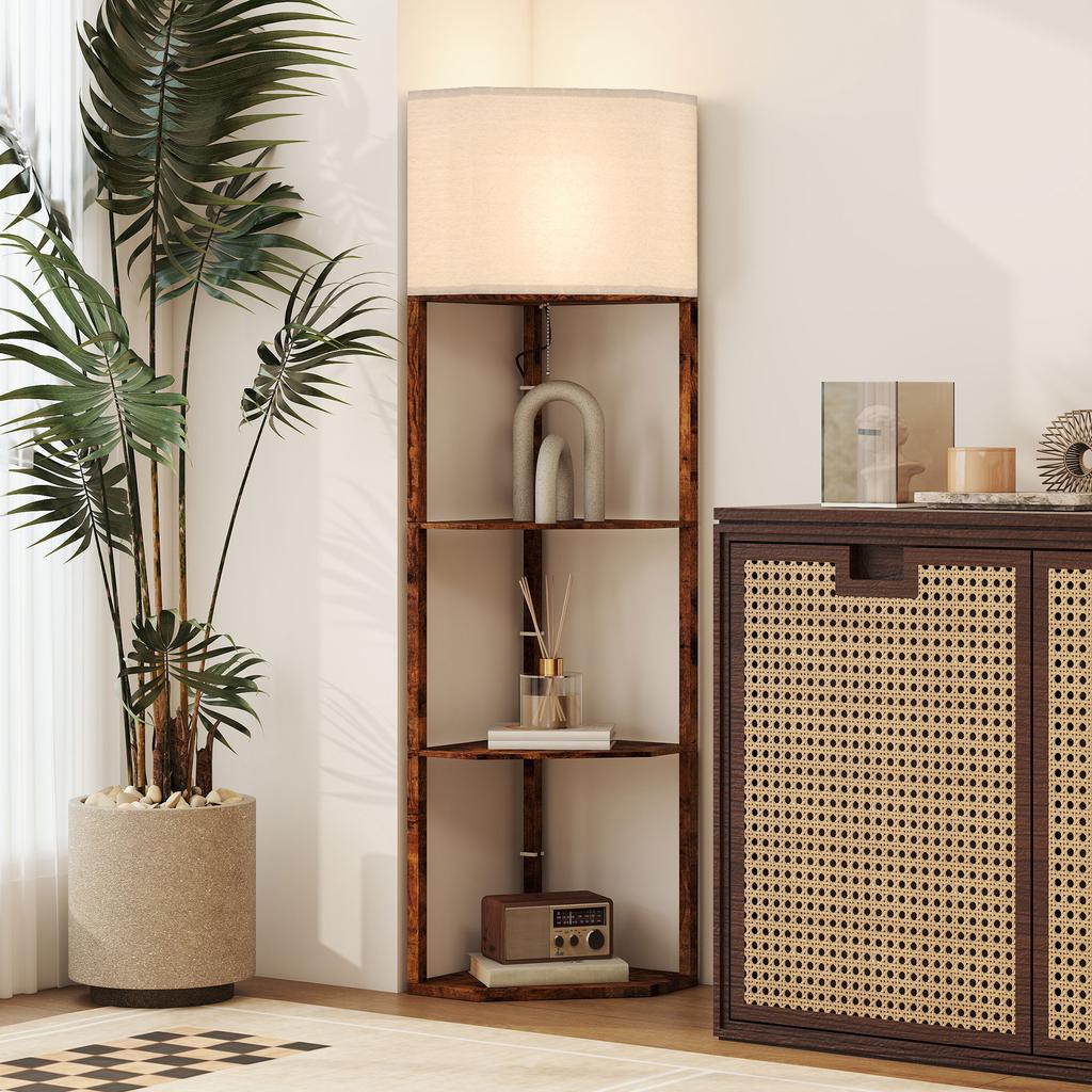 Corner Floor Light, with Shelves - Wood-Effect