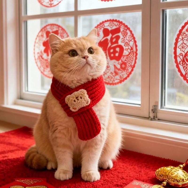 Cat Dog Scarf Cartoon Bear Print Warm Prevent Detachment Pet Neck Scarf for Small Dogs Puppy Kitten New Year's Christmas Gifts