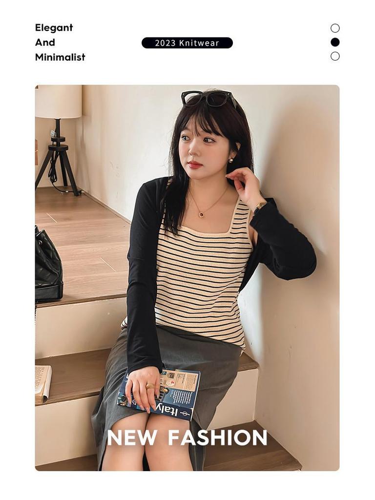 Wide-Strap Plus Size Square Neck Striped Knit Camisole