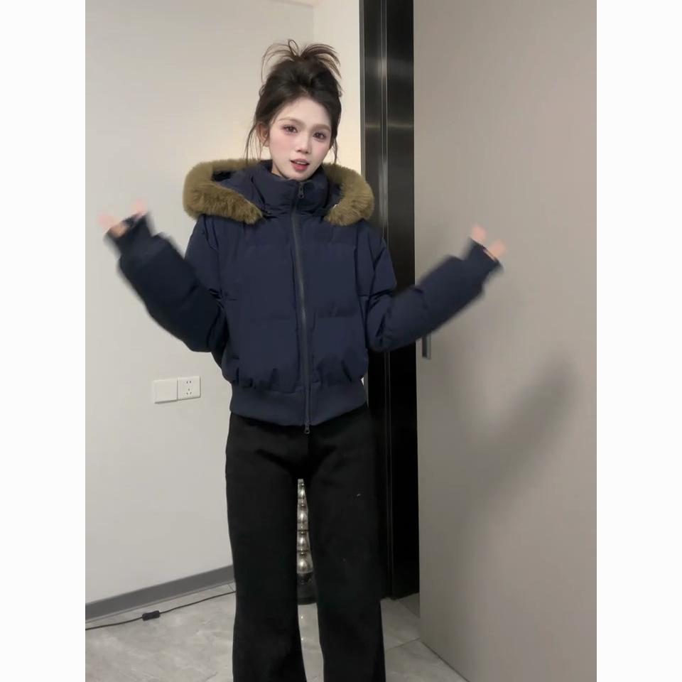 Women's Winter Retro Navy Blue Hooded Cotton-Padded Jacket - Thick & Warm Design