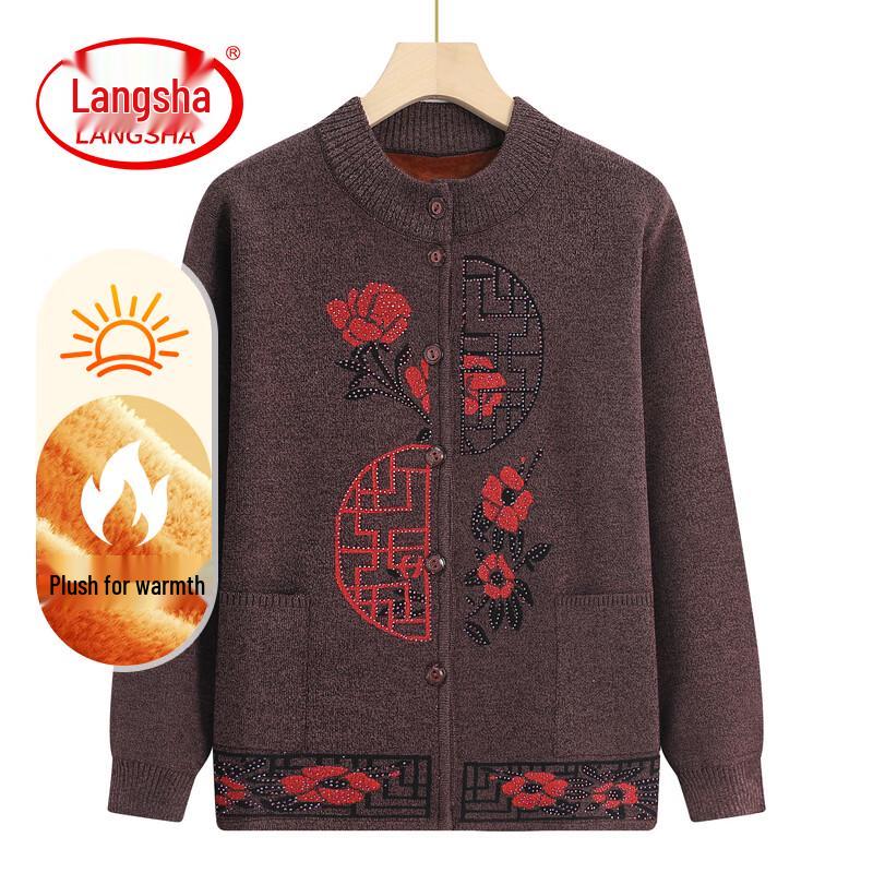 Langsha Elderly Women's Autumn Knit Cardigan Sweater