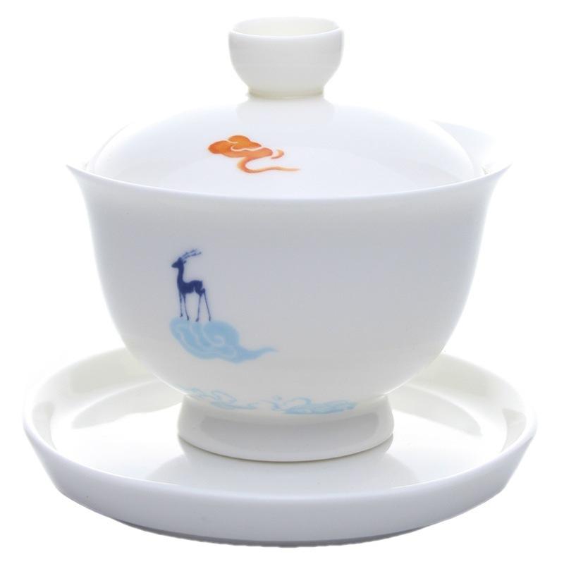 Hand-Painted Deer Gaiwan Household Ceramic Porcelain Tureen Chinese Kungfu Tea Sets Retro Teaware Drinkware Tea Ceremony Infuser