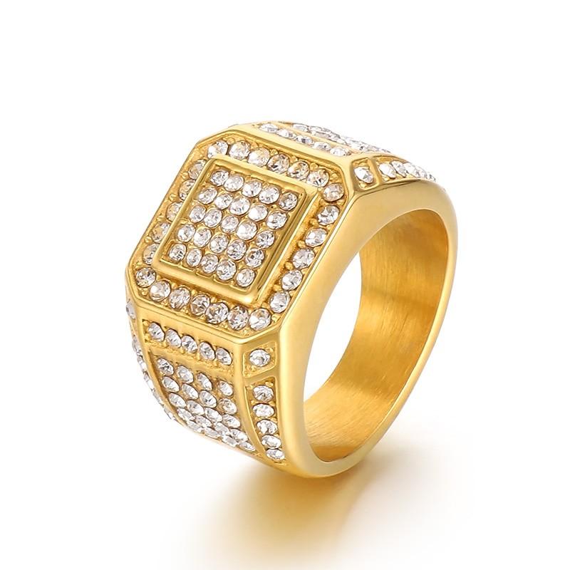 Hip Hop Full Zircon Larger Finger Rings Men's Shiny Stainless Steel Women's Gold Color Anillos Cocktail Ring Party Jewelry Gift
