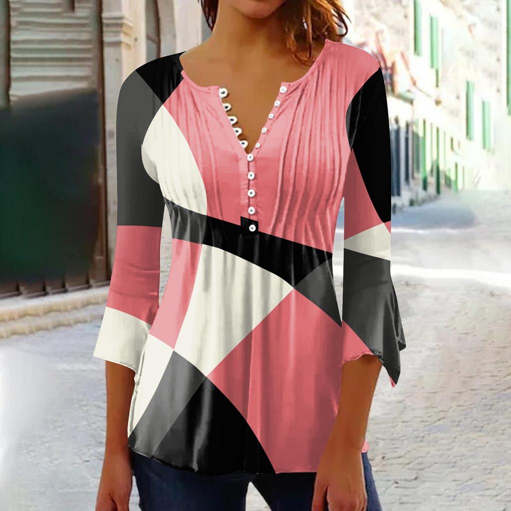 Cămăși cu nasturi pentru femei Tunica cu imprimeu Topuri de vară elegantă casual cu mâneci clopot 3/4 cu decolteu în V Bluze de primăvară