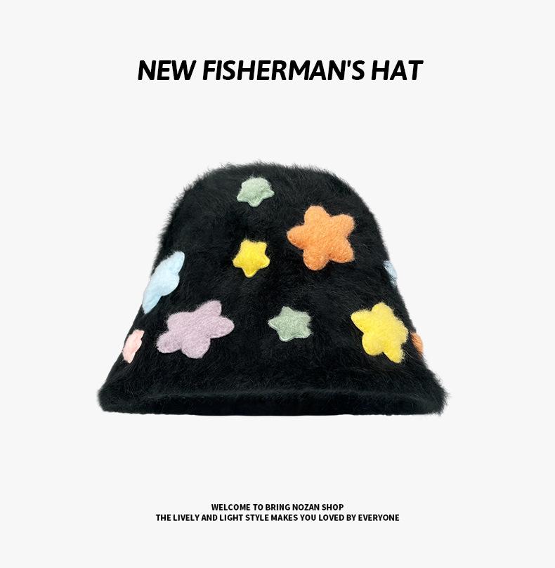 Japanese Sweet Star Rabbit Fur Fisherman Hat Women's Winter Warm Plush Bucket Hat Versatile Plain Face Small Basin Hat