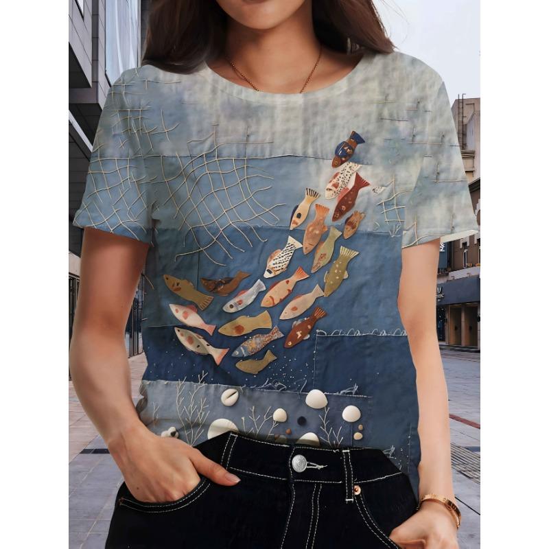 

Women s visual denim design, novel shell and fish pattern printing, suitable for home outdoor party and camping wear, women s T-shirt S