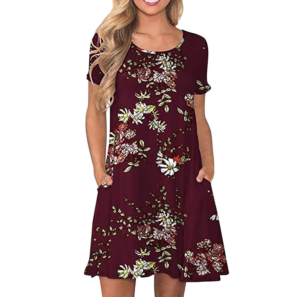Women's Fashion Print Loose Casual Short-Sleeved Round Neck Pocket Dress