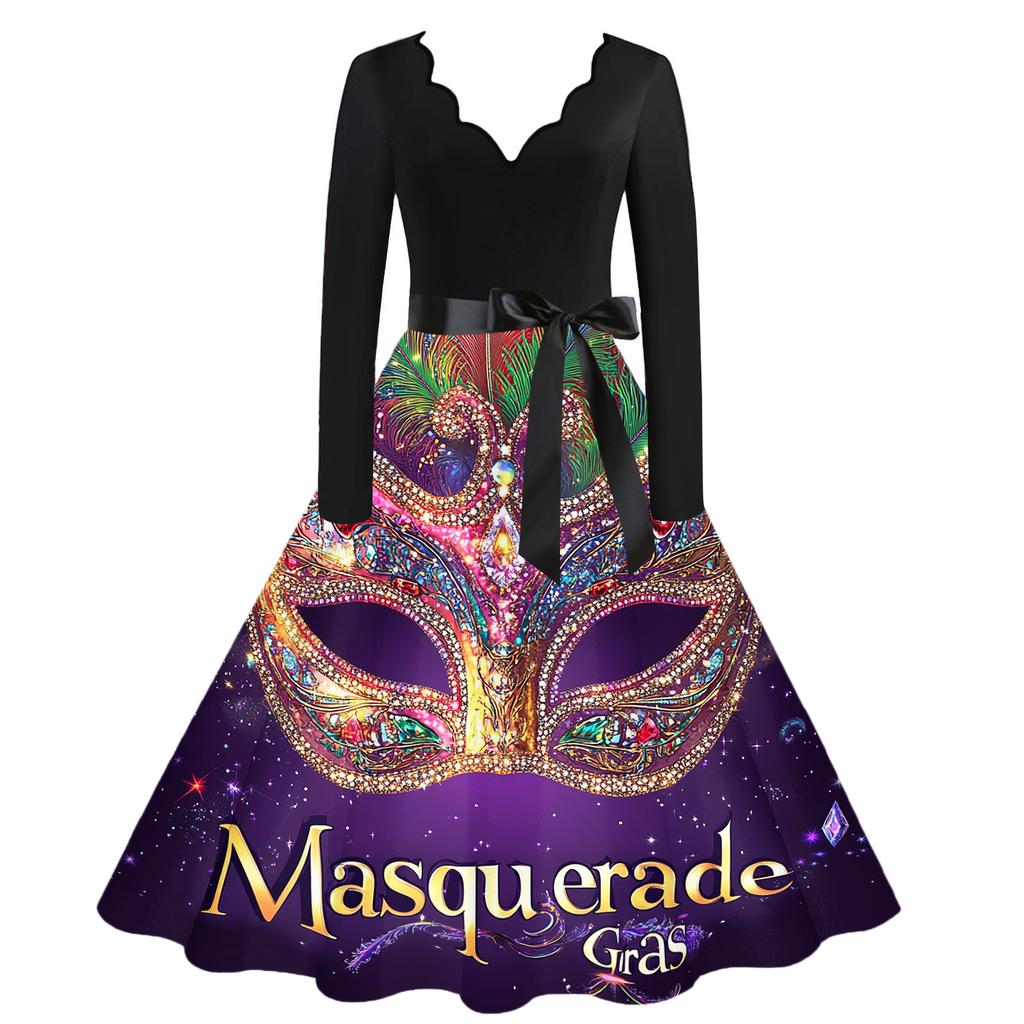 Dámské ležérní módní šaty s výstřihem do V a vintage potiskem karnevalu