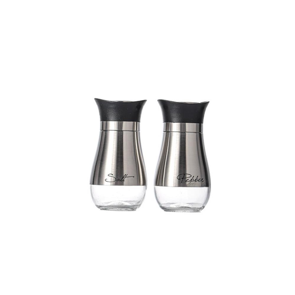 2Pcs/Set Salt & Pepper Kitchen Glass Spice Bottle Refillable Black Condiment Jar with Pour Holes with Rack Spice Dispenser