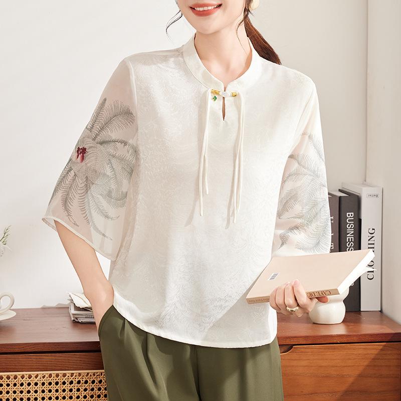 

Mom s Stylish Chinese Stand Collar Chiffon Top for Spring/Summer - Seven-Sleeve Blouse for Middle-Aged & Elderly Women 3XL