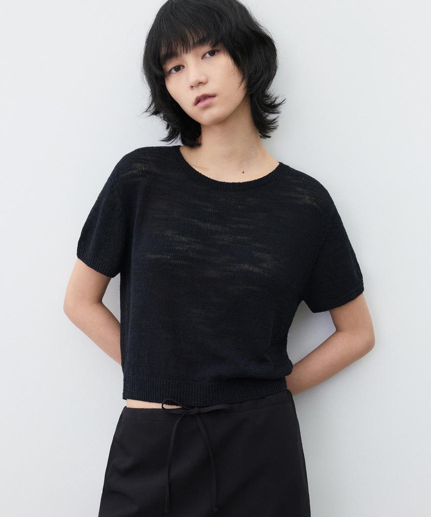 SUARE WOMEN Cotton Slub Crop Half Knit Black