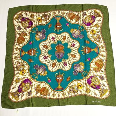 Used Excellent Condition TRUSSARDI Silk Scarf, Green Tones, Jewelry Pattern