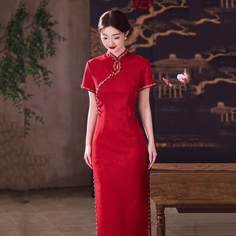 Modern Red Cheongsam Dress Women Vintage-Inspired Wedding Guest Outfit Short Sleeve Stand Collar Formal