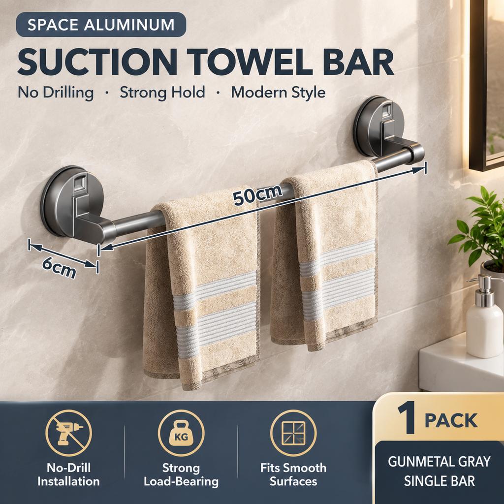 No-Drill Vacuum Suction Towel Rack, Space Aluminum, for Bathroom and Toilet