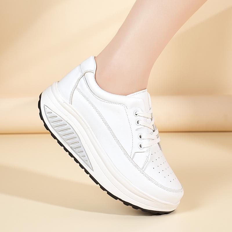 Women's Sneakers Height Increase White Leather Platform Casual Simple Thick Sole Elevator Shake Shoes