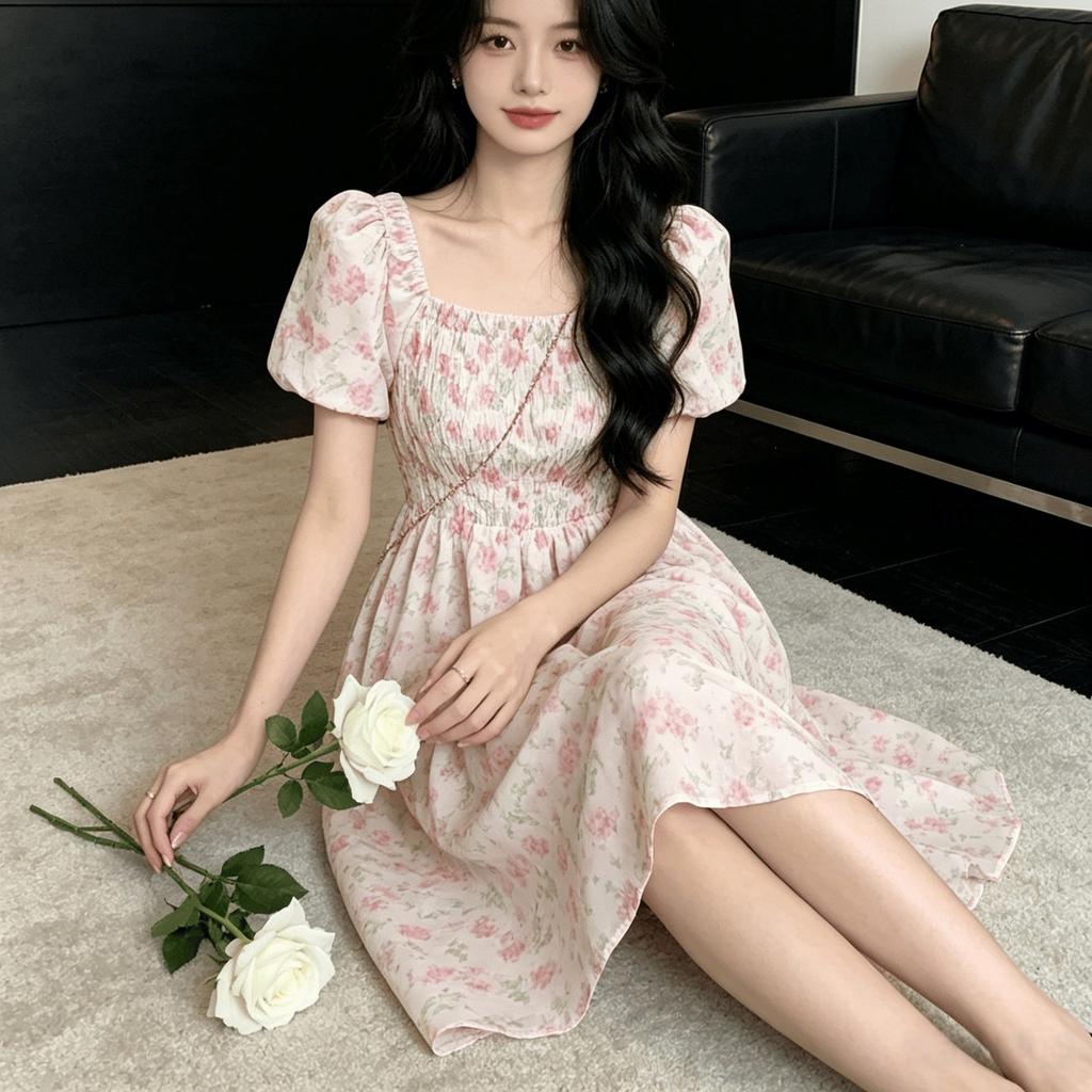 Sweet pleated bubble sleeves floral square neck dress women's summer waist super fairy French A word medium and long dress
