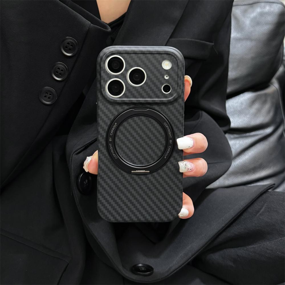 

Deluxe Carbon Fiber Texture Phone Case For iPhone 17 Pro Max 16 15 Pro Max Magnetic Rotating Ring Stand Wireless Charging Cover iPhone 16