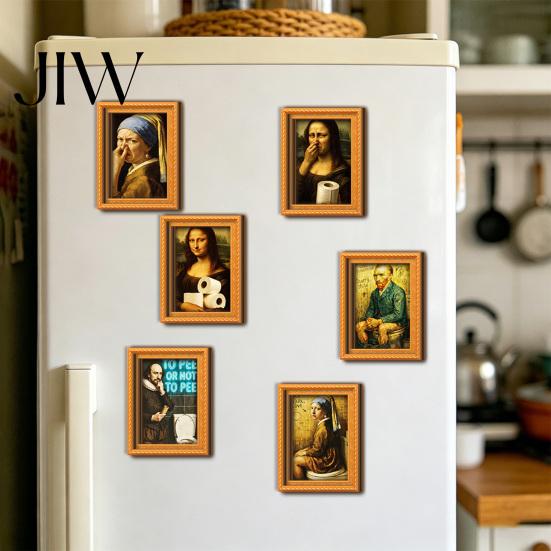 Customizable Fridge Art Frames Funny Small Wooden Magnet Picture Frame, Vintage Oil Painting Pattern Retro Style Magnetic Refrigerator Locker for Home