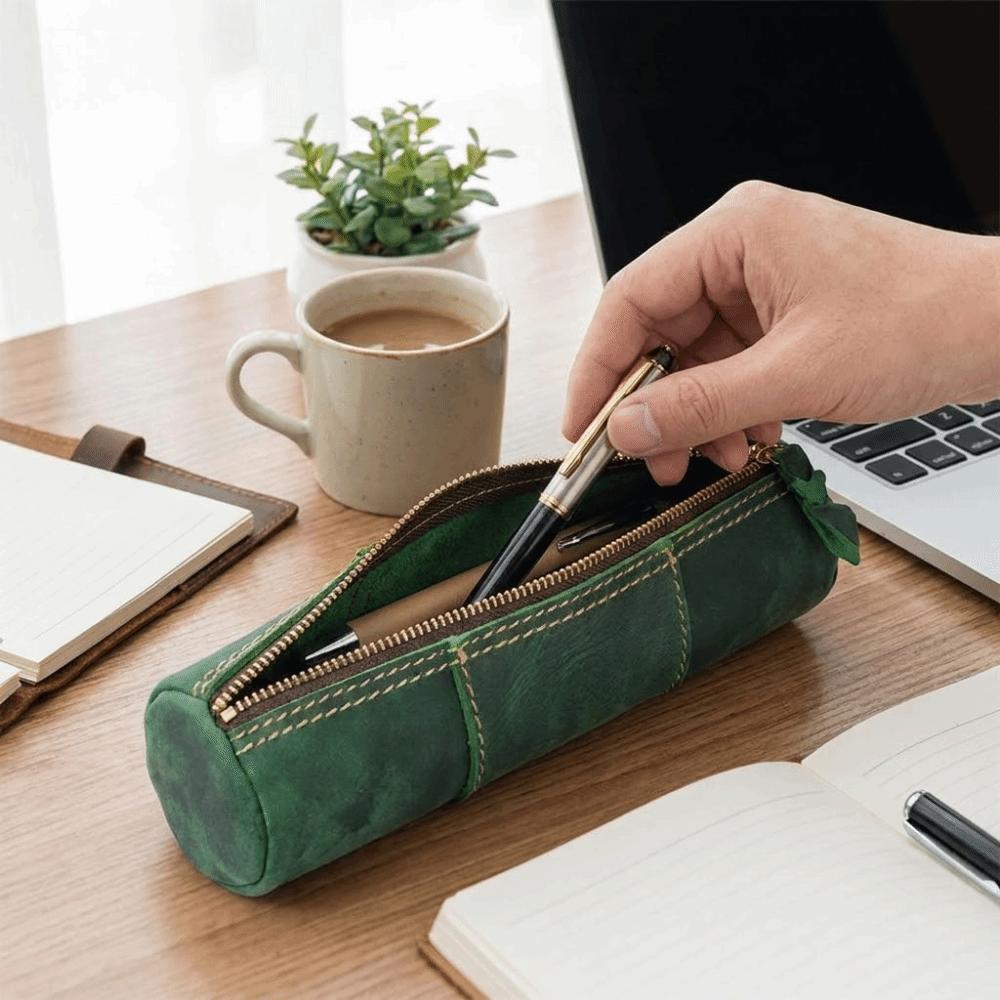 Genuine Cowhide Leather Pencil Case Retro Zipper Pencil Holder Storage Pouch Stationery Storage