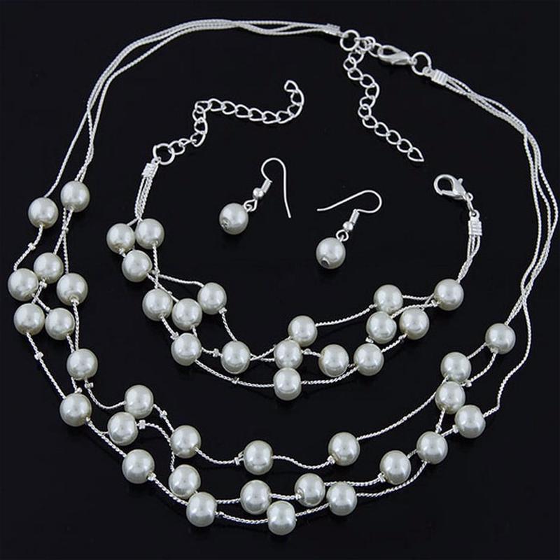 

Модный привлекательный посеребренный набор украшений для невесты: ожерелье, серьги и браслет. Свадебный набор, подарки для вечеринки. серебряный