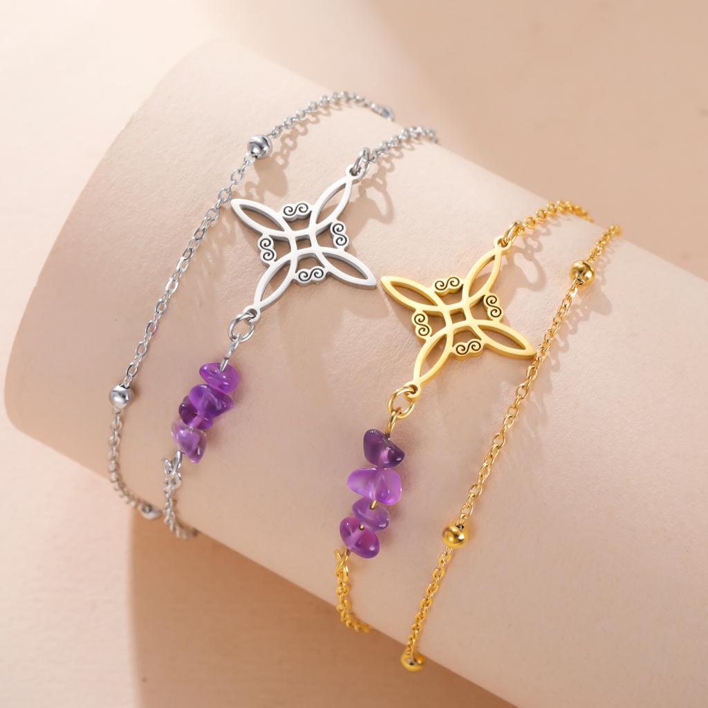 Lila Kristall Hexenknoten Anhänger Armband Damen Edelstahl Doppelschicht Perlenkette Amulett Hexerei Schmuck Geschenk