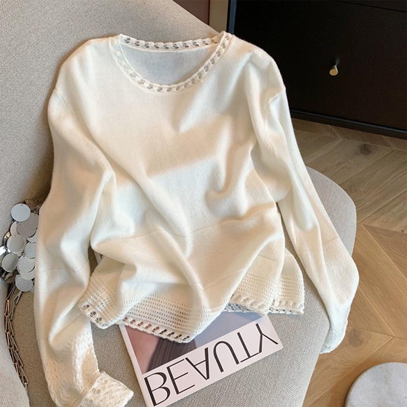 Autumn Winter Round Neck Hollow Out White Sweater Women Casual Fashion All-match Knitting Pullover Top