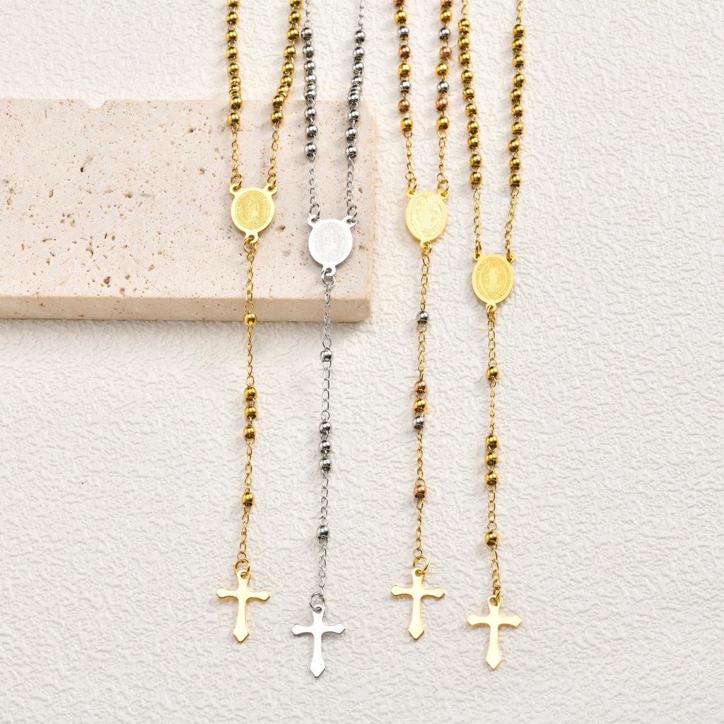 Edelstahl Rosenkranz Halskette Für Frauen, Lange Kette Jungfrau Maria Y-Form Vergoldet Katholisch Religiöser Schmuck