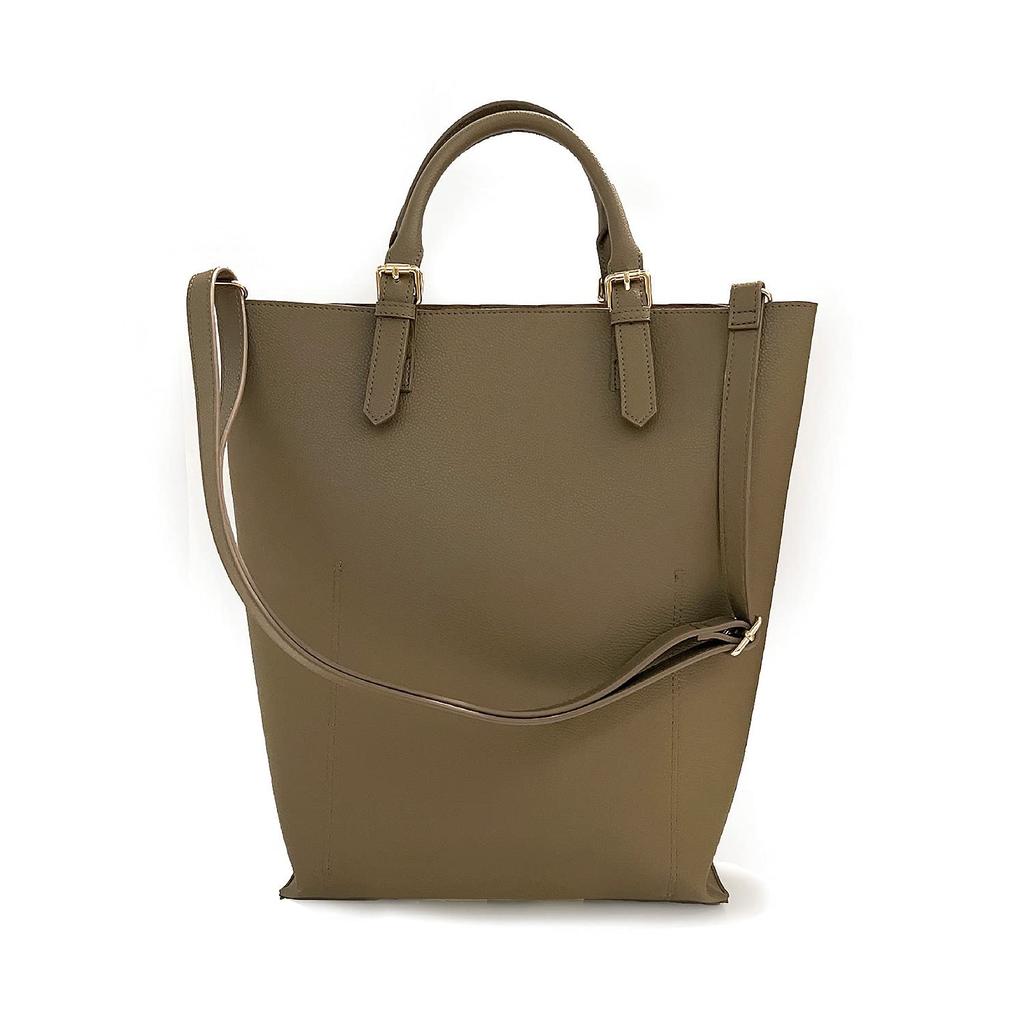 Synthetic Leather A4 Tote Bag with Shoulder Strap Tall Leatherette Belt Handle [Rootote] LT. (Olive)