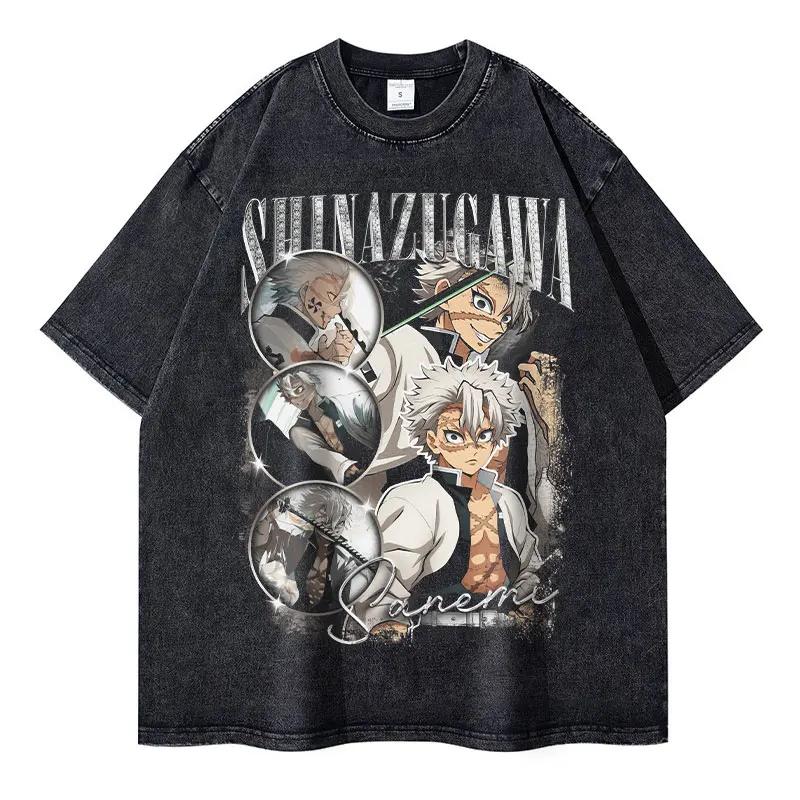Nezuko T Shirts Vintage Washed Anime Kimetsu No Yaiba T-shirt Oversized Short Sleeve Demon Slayer Mitsuri Tokitou Tops Tees Men