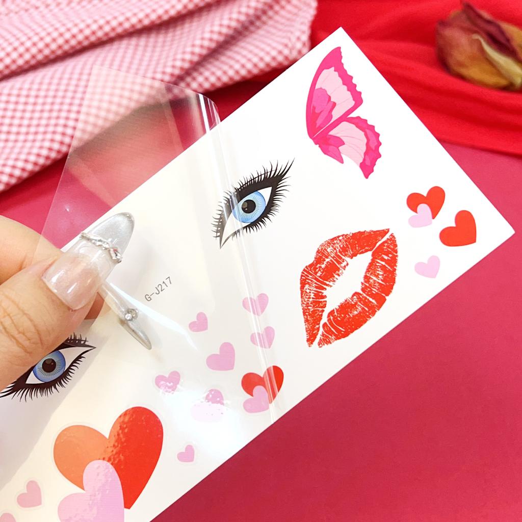 1-10Pcs Valentine's Day Face Tattoo Sticker Love Bow Pattern Safe Comfortable Easy Remove Water Transfer Paper Temporary Tattoos