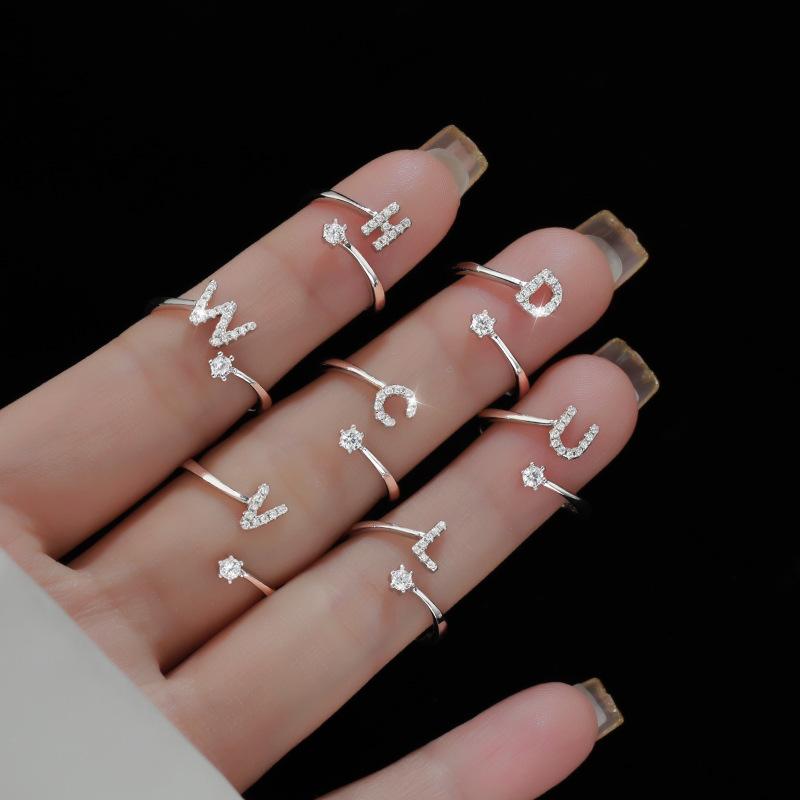 Fashion 925 Silver 26 Letter Ring Sparkling Diamond Zircon Open Ring Index Finger Your Ring Birthday Party Jewelry