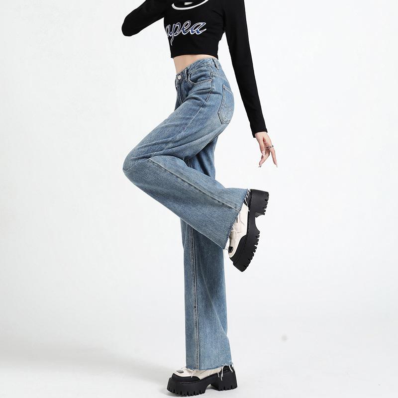 Women's Spring New Retro Wide Legs Small High Waist Loose Narrow Straight Leg Denim Pants