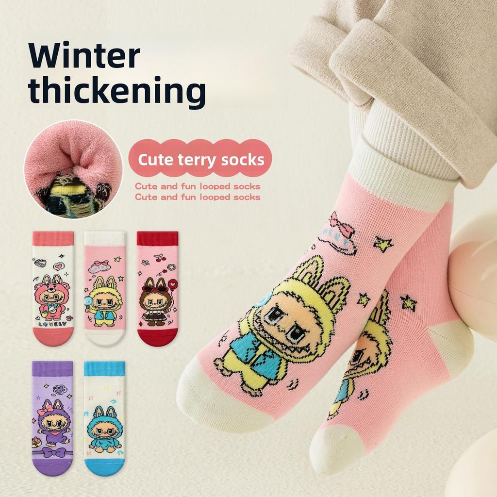 5 PAAR Labubu Kinder Socken Winter Verdickte Frottee Mädchen Mittel Socken Trendy Cartoon Warme Winter Dicke Socken