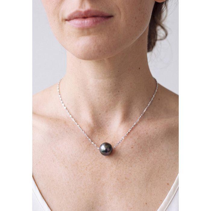 Collier - PEARLS & COLORS - Perle de culture de Tahiti 8-9 mm ronde - Argent 925 - Perle noire - 42 cm