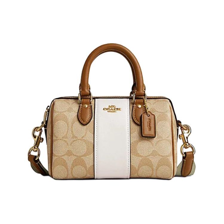 Coach Rowan 18 Signature Stripe Canvas And Leather Tote Shoulder Crossbody Bag Small Women Bags Light-Khaki Pink-White CR243-IMWQJ