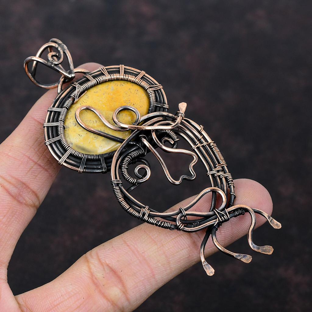 Pandantiv Coral Fosil Pandantiv Înfășurat în Sârmă de Cupru Pandantiv cu Piatră Prețioasă Reală Bijuterii Minunate din Cupru Pandantiv Handmade Bijuterii Coral Fosil Pentru Cadou