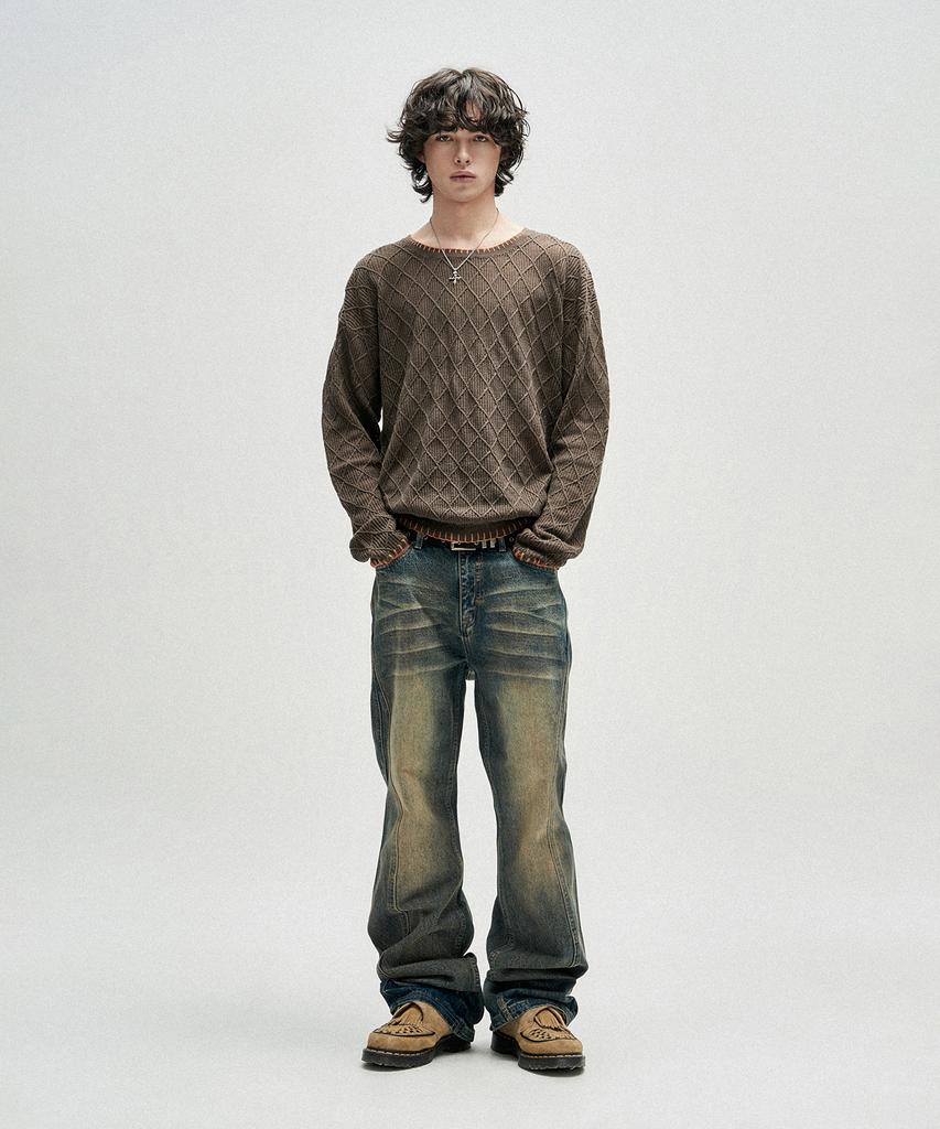 NOT4NERD Distressed Contrast Hand Stitch Knit - Khaki