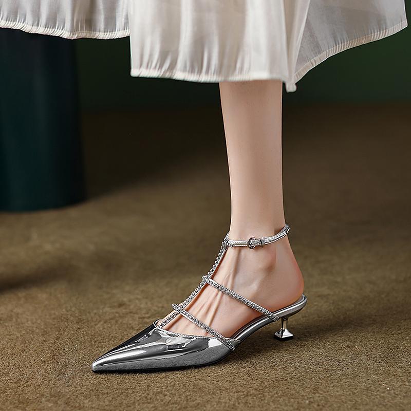 Fashion Women's Low Heel Diamond-set Semi-risplash Dress Sandals 2025 New Fashion Pointed Toe Closed-mouth Sexy Party Women's Shoes