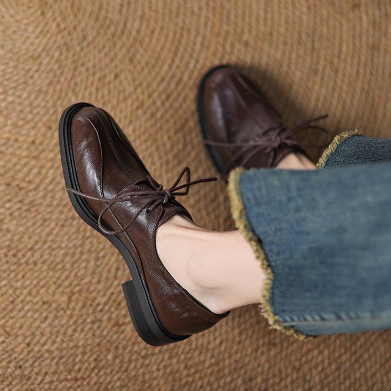 New Women's Low-heeled Single Shoes Lace-up Flat-heeled Round Head Black Small Leather Shoes Comfortable Thick-soled Non-slip Four-season Women's Sing