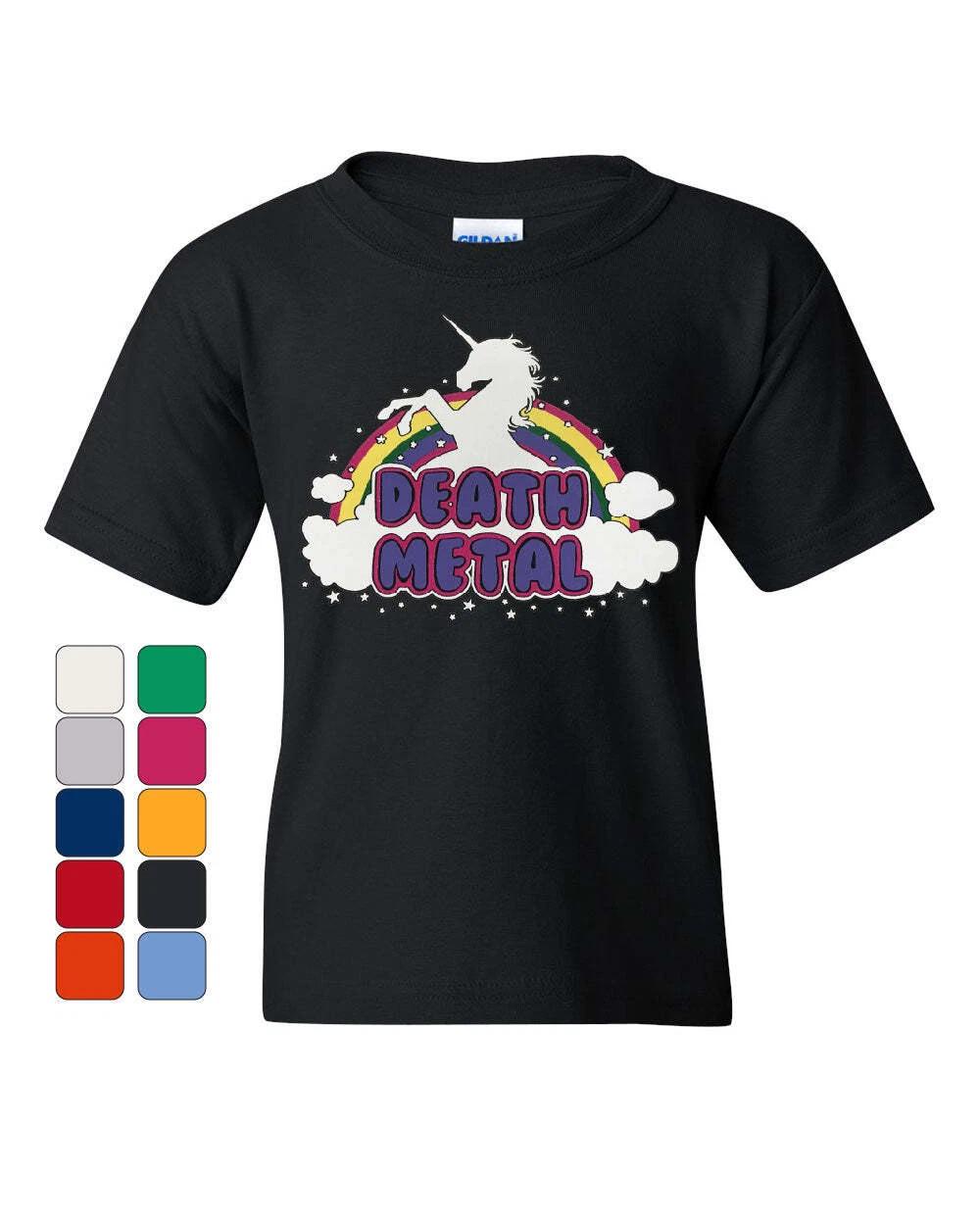 Unicorn Death Metal Youth kids boys T-Shirt Rainbow Hilarious Cute Heavy Music Kids Tee 130