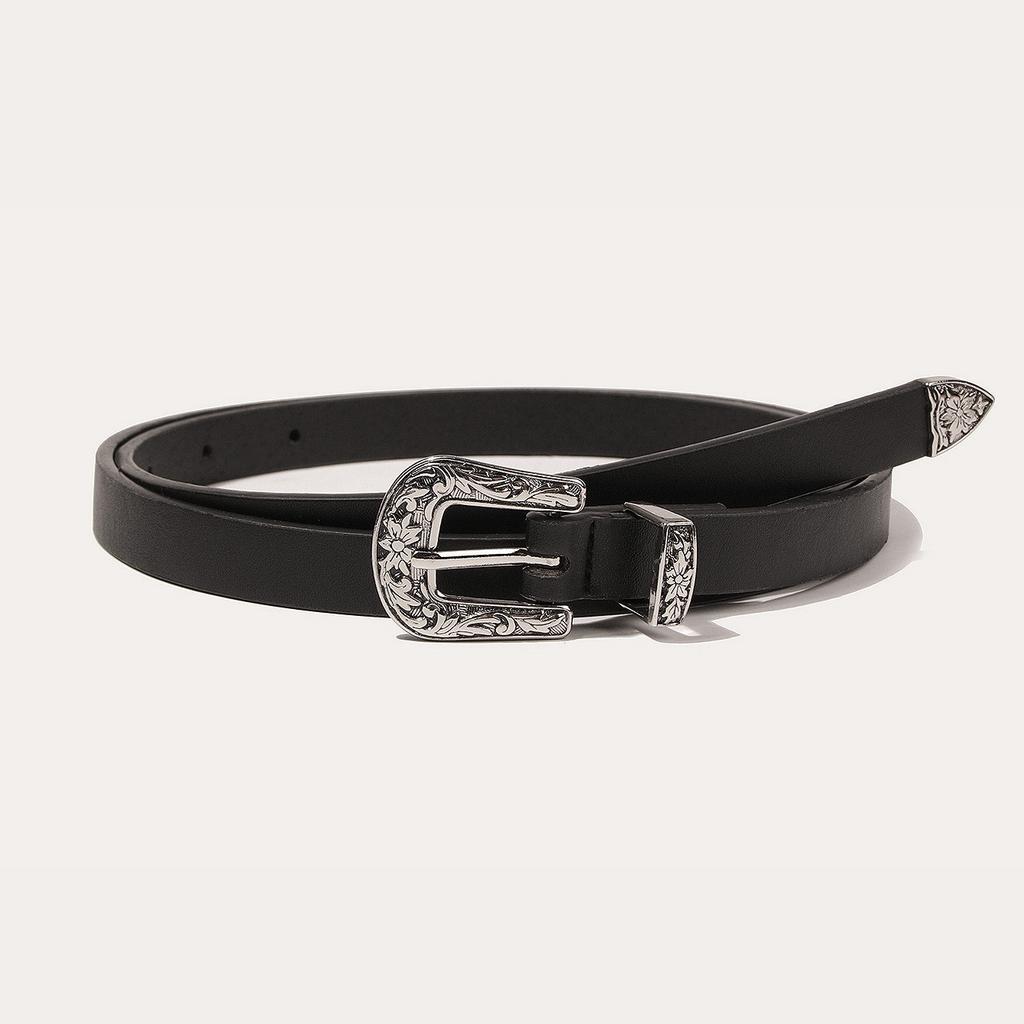 New Women's Thin Belt Black Dress Versatile Thin Belt Carved Western Buckle PU Women's Belt