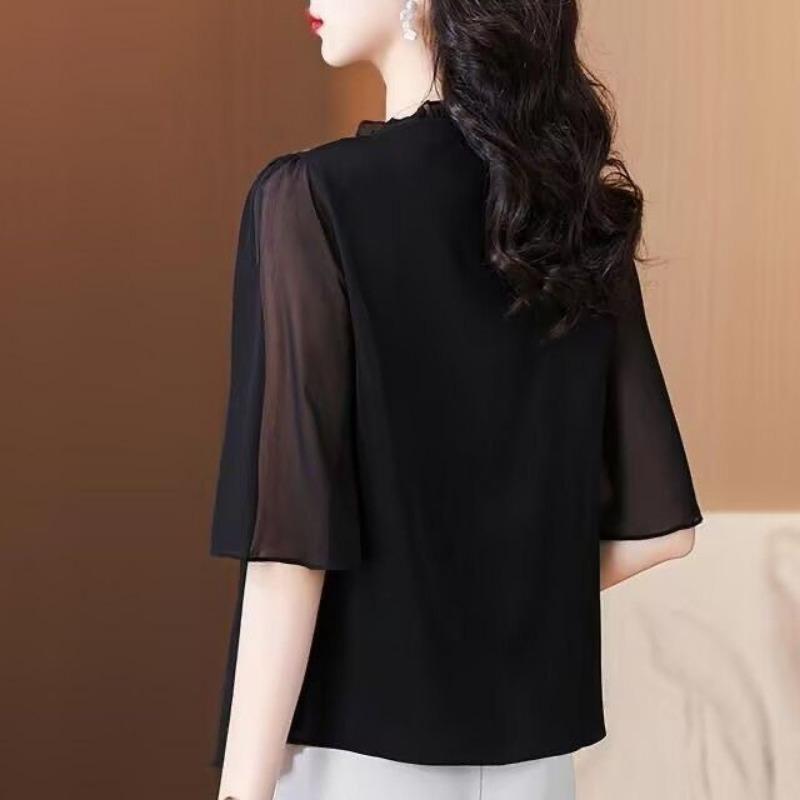 2025 Neue Mode Kurzärmeliges Chiffonhemd Rundhalsausschnitt Kurzärmelig Vielseitiges Oberteil Locker Lässig Elegantes T-Shirt