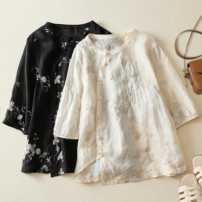 Summer Retro Republic of China Style Diagonal Button Heavy Embroidery Shirt Top Women's Clothing Blouses & Shirts