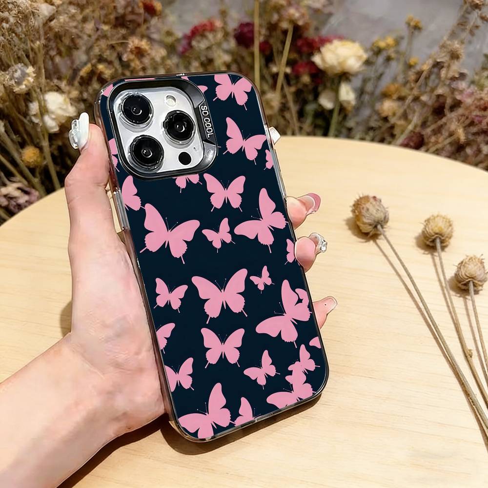 Pink Butterfly Pattern Phone Case For iPhone 17,16,15,14,13,12,11 Plus,Pro Max,XS,Colorful Silver Phone case Funda Cover