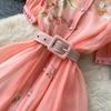 Elegant Short-Sleeve Floral Embroidered Dress for Women Vintage Turn Down Collar Belt Slim A-line Long Maxi Dress