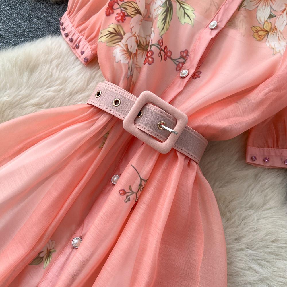Elegant Short-Sleeve Floral Embroidered Dress for Women Vintage Turn Down Collar Belt Slim A-line Long Maxi Dress