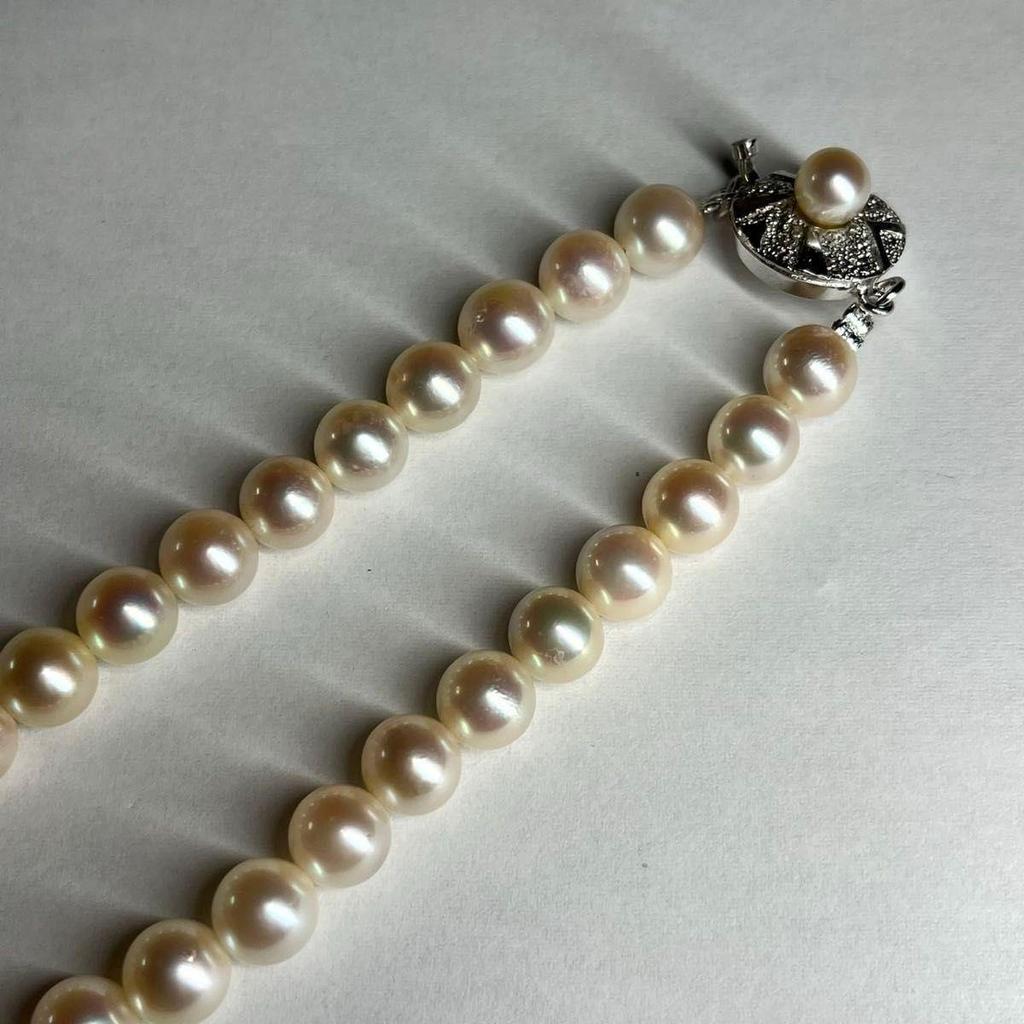 Used [Certificate of identification included] Teriyaki Akoya pearl 7.5-8.0mm Pearl necklace Silver engraved Genuine pearl pearl necklace