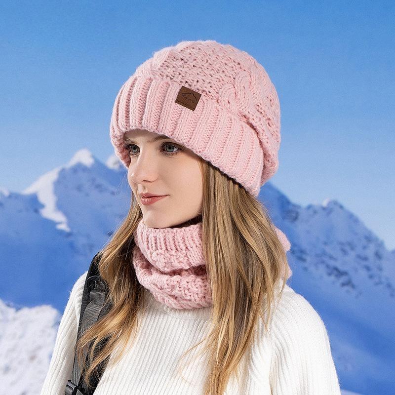 Sombreros europeos y americanos de invierno, bufandas, gorros de punto cálidos y a prueba de frío para mujer, protectores de orejas, tapones, gorros de lana